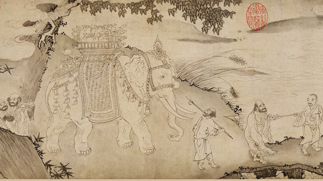 Tranh 'Trúc Lâm đại sĩ xuất sơn đồ' – Trúc Lâm đại sĩ Trần Nhân Tông từ núi Yên Tử trở về. Nguồn: Wikimedia Commons.